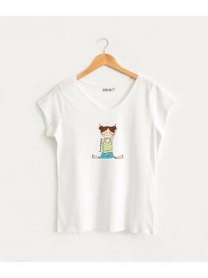 Kidilia Gomukhasana Yoga Poz Çizgi Görselli Kadın V Yaka %100 Pamuklu Tasarım T-Shirt