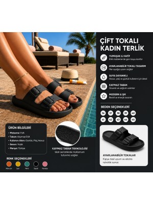Sport Siyah Çift Tokalı Unisex Terlik Anatomik Kaymaz Taban Hafif Esnek Günlük Yürüyüş Ev Bahçe Sokak Plaj Havuz Hamam Yazlık Rahat Konfor Kadın Erkek Terliği