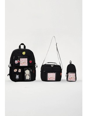 Roxbros Lisanslı Kore Tarzı Kawaii Aksesuarlı Kız Çocuk 3'lü Ilkokul Çanta Seti + Ayıcıklı Okul Çantası + Termal Beslenme Çantası  + Kalemlik