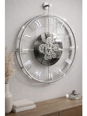 Metaquartz Aksesuar Full Gümüş Dönence - Çarklar Dönmektedir - Metal Çarklı Duvar Saati Gümüş 60 x 70