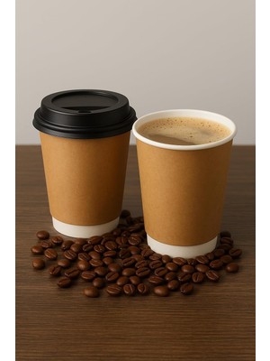 14 Oz Double Wall Kraft Görünüm Karton Bardak + Siyah Kapaklı 25'li