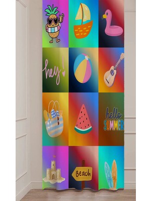 Greendecor Yaz Plaj Flamingo Palmiye Limon Karpuz Güneş Meyve Hello Summer Desenli Renkli Dijital Baskılı Fon Perde
