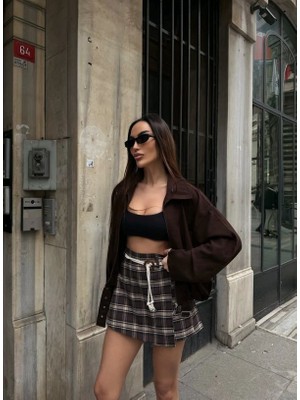Nido Moda Kadın Halat Kemerli Ekose Şort Etek