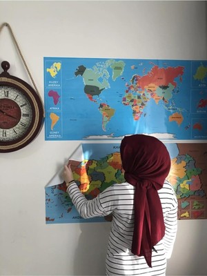 Dekoratif Tablo Eğitici Türkiye ve Dünya Haritası Set Çocuk Duvar Yazı Tahtası Kağıt Tahta 118X56 cm