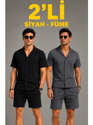 Efnaz Style Erkek 2li Krep Kumaş Cepli Gömlek Şort Takım Kısa Kollu Bağcıklı - Siyah - Füme