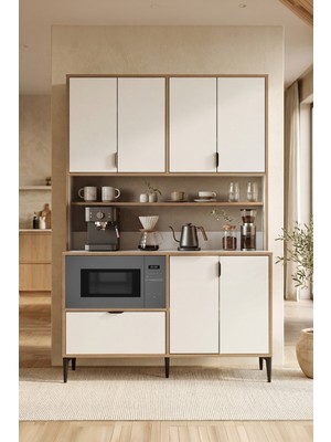 Sarmobi Arden Çok Amaçlı Dolap 7 Kapaklı Kahve Köşesi Modern Tasarım Beyaz Montajsız 190x127x44 cm