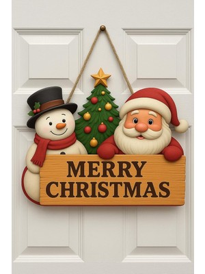 Yılbaşı Ahşap Kapı Süsü Noel Babalı Ahşap Kapı Yılbaşı Kapı Süsü Dış Mekan Süslemeleri Noel Çelengi (30-18 Cm)
