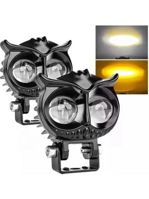 1 Adet Baykuş LED Sis Farı Çakarlı Çift Renk Sarı-Beyaz Moto-Offroad-Suv-Iş Makinesi