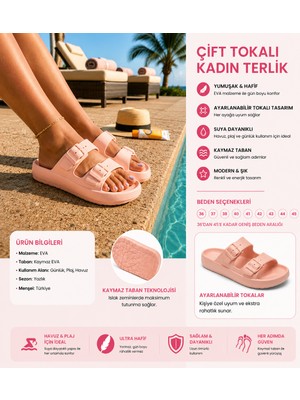 Sport Premium Pudra Pembe Çift Tokalı Unisex Terlik Anatomik Kaymaz Taban Hafif Rahat Günlük Kullanım Ev Bahçe Plaj Havuz Hamam Yazlık Kadın Erkek Terliği