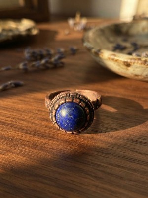 Meneva Aksesuar Lapis Lazuli El Işçiliği Bakır Çerçeveli Lapis Lazuli Taşlı Ayarlanabilir Yüzük