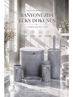 Empressco Şık Yuvarlak Mermer Desenli 5’li Banyo Seti, Zarif ve Modern Tasarım