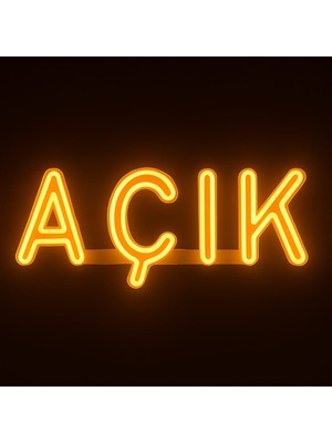 Açık Yazılı Neon LED Tabela – Duvara Monte – Sarı Işık – 37X15 cm – Dükkan ve Kafe Için Işıklı Dekor