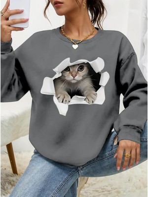 Alyn Wear Kadın Uzun Kollu Bisiklet Yaka Kedi Desenli Viskon Iki Iplik Bluz
