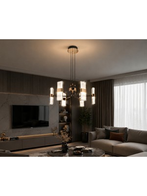 Dolunay Avize D9661-6 Modern 6 Kollu LED Avize Metal Gövde Akrilik Başlık Platin Gold 3000K-6000-4000K