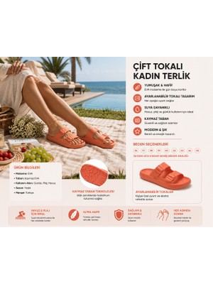 Sport Mercan Turuncu Çift Tokalı Unisex Terlik Anatomik Taban Kaymaz Hafif Günlük Kullanım Plaj Havuz Hamam Ev Bahçe Yazlık Rahat Konfor Kadın Erkek Terliği