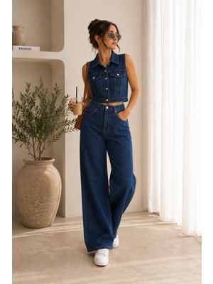 Layal My Beauty Ayal My Beauty Kadın Palazzo Jeans Pantolon Yelek Ikili Alt Üst Takım Yeni Sezon1