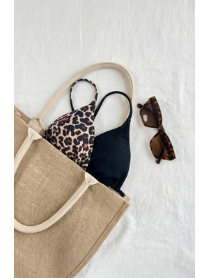 No 35 Concept Kadın Leopar Desenli ve Siyah Minimal Kesim Üçgen Bikini Üstü