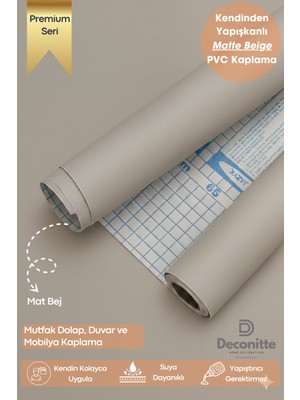 Deconitte Premium Kendinden Yapışkanlı Mat Bej Renk Pvc Mobilya Dolap Tezgah Duvar Kaplama Dekoratif 60X100CM