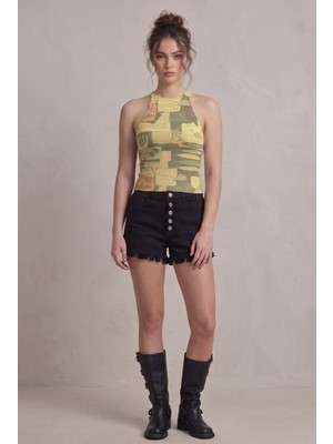 Neden Tekstil Kadın Fitilli Grafik Desenli Baskılı Halter Yaka Crop Bluz