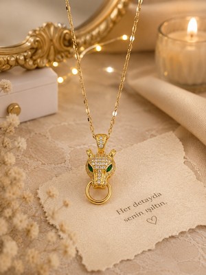 Lia Charm 14K Altın Kaplama Yeşil Gözlü Işıltılı Taşlı Kaplan Kadın Kolye