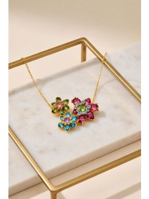Rmy Moda Kadın Gold Çoklu Çiçek Figürlü Kristal Taşlı Sıralı Zincir Kolye