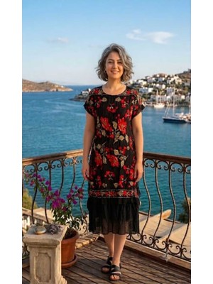 Fibula Otantik Standart Beden Çift Kat Desenli Pamuk Voal Midi Boy Elbise 36-46 Bedenler Arası Uygun
