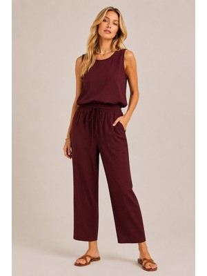Sibel Günay Butik Kadın Tencel Kumaş Bordo Kolsuz Bluz ve Bel Lastikli Cepli Ikili Takım