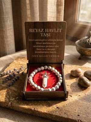 Meneva Aksesuar Beyaz Havlit Taşı Doğal Taş Ahşap Kutulu Kolye, Bileklik Seti