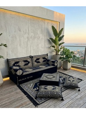 Bakırözü Home Lacivert Yahyalı Şark Köşesi Seti - 30 cm Ekstra Kalın Zemin Minderi ve Halı Takımı