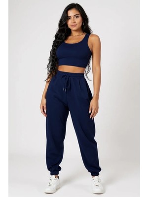No 35 Concept Kadın Lacivert Kaşkorse Cepli Jogger Eşofman Altı ve Crop Top Bluz – Şık, Rahat ve Kolay Kombinlenebilir
