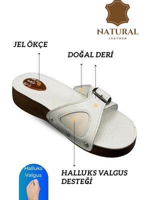 Sermoda Hakiki Deri Kadın Terlik - Halluks Valgus Destekli Jel Taban Kadın Terlik Beyaz