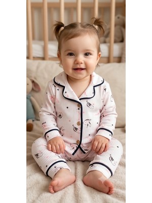 Monox Pamuk Kız Bebek Kuş Desenli Düğmeli Uzun Kollu Pijama Takımı