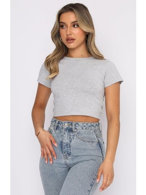 Öz Pamuk Kadın 2'li Adet Siyah Fitilli Bisiklet Yaka Kaşkorse Crop T-Shirt.