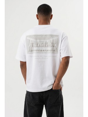 Respire Erkek Da Vinci The Last Supper Baskılı Oversize T-Shirt Beyaz