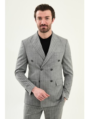 MCR Çizgili Slim Fit Geniş Yaka Kruvaze Erkek Ceket