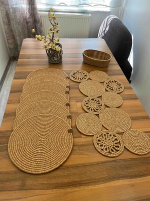 Senza Atelier Jüt Halat Supla, Motifli Runner ve Sepet Seti (8 Parça)