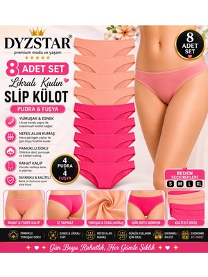 Dyzstar 8 Adet Likralı Kadın Slip Külot Seti Pudra & Fuşya Renk Yumuşak Esnek Günlük Kullanım S-M-L-Xl