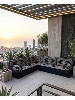 Bakırözü Home 30 cm Yüksek Minderli Otantik Şark Köşesi Takımı Lacivert Yahyalı Modeli 9 Parça