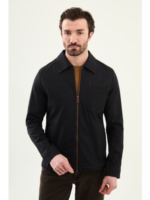 MCR Düz Slim Fit Gömlek Yaka Fermuarlı Punto Dikişli Erkek Mont