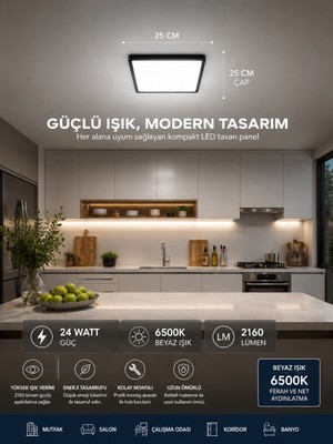 24 Watt Siyah Kasa Kare Sıva Üstü LED Panel Beyaz Işık 6500K 2160 Lümen Yüksek Işık WLL2116
