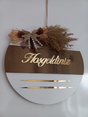 Hoşgeldiniz Yazılı Aynalı Pleksi Ahşap Kapı Süsü (Beyazkahve)