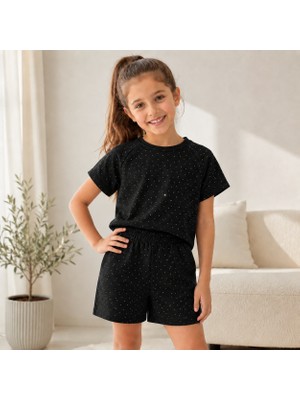 Tace Kids Kız Çocuk Oshyo Kumaş Şortlu Takım Taşlı Beli Lastikli Şortlu Pamuklu