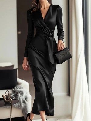 Efnaz Style Kadın Uzun Kollu Kruvaze Yakalı Beli Kuşaklı Uzun Saten Elbise