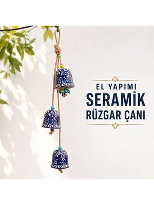 3'lü El Yapımı Seramik Rüzgar Çanı, Nazar Boncuklu Bahçe ve Balkon Süsü, Jüt Halatlı Çi�