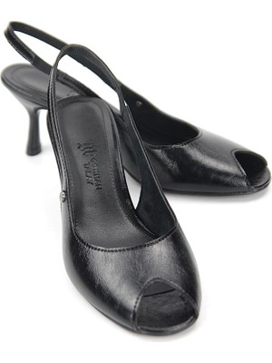 Gökhan Talay Calvera Peep Toe Fındık Burun (4/6 Cm) Siyah Rugan Kadın Topuklu Ayakkabı