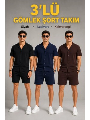 Efnaz Style Erkek 3’lü Krep Kumaş Cepli Gömlek Şort Takım Kısa Kollu Bağcıklı - Siyah , Lacivert , Kahverengi