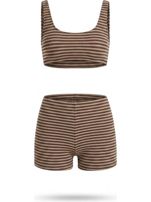 Aquella Kahve Siyah Stripe Büstiyer Şort Takım