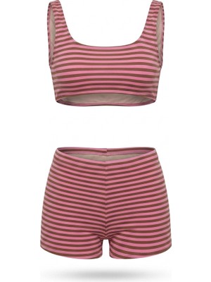 Aquella Pembe Kahve Stripe Büstiyer Şort Takım