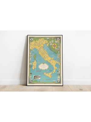 Pegziz PGZZNM647 Italya Haritası Sanatsal Duvar Dekorasyon Poster 60X90CM