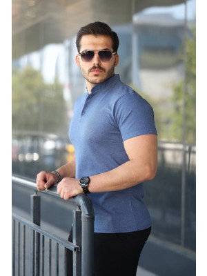 Efnaz Style Erkek Hakim Yaka Dokuma Pamuklu Kumaş Kısa Kollu Tişört